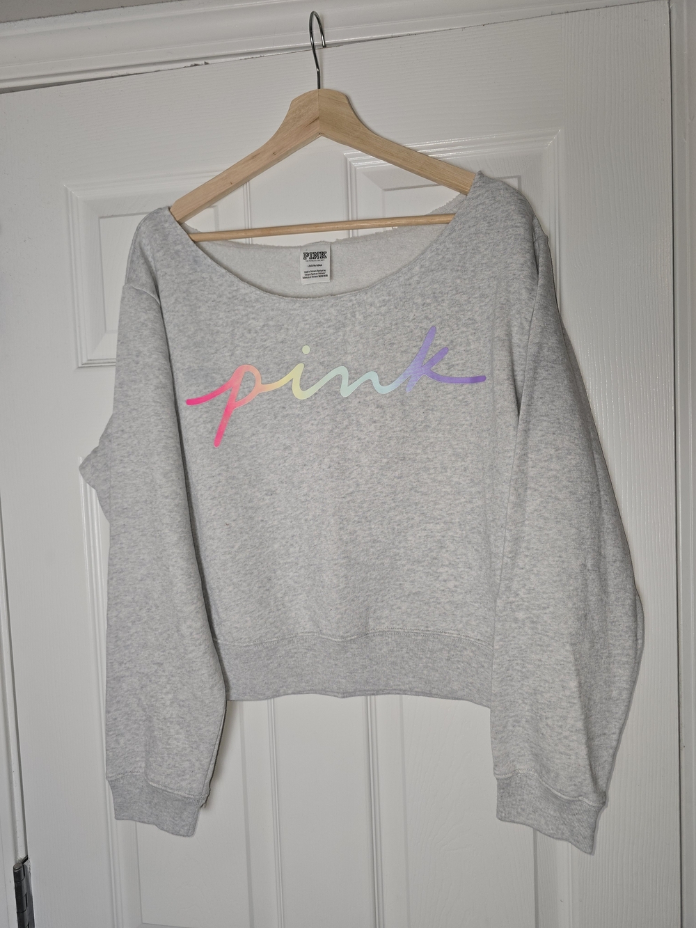 PINK Victoria's Secret Light Gray Off The Shoulder Crew Sweatshirt Size Large